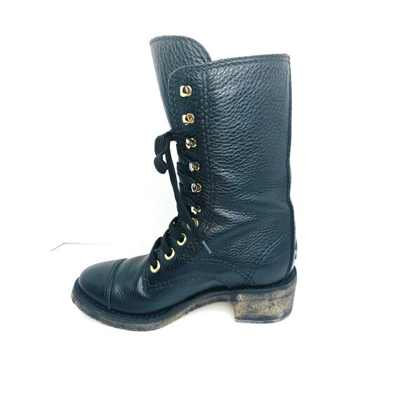 CHANEL Black Grained Leather Lace-Up Combat Boots with Gold Eyelets Size 36.5 - Picture 12 of 12